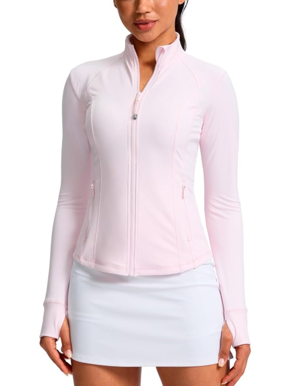 Slim Full Zip Workout Jacket for Women - Extended Waist, 4 Pockets, Athletic